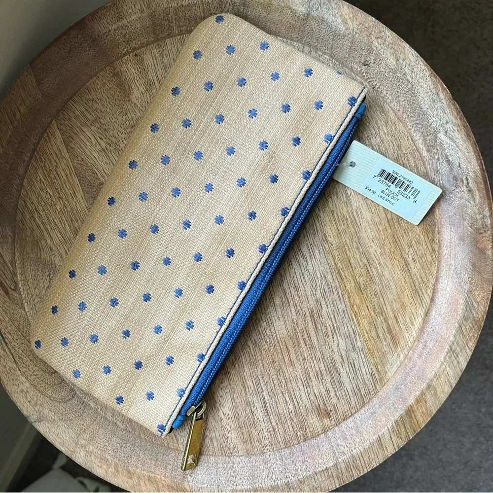 💙 Fossil Felicity Blue Dot Jori Zip Clutch Wallet & Pouch - Tan & Brown & Blue - Picture 6 of 15